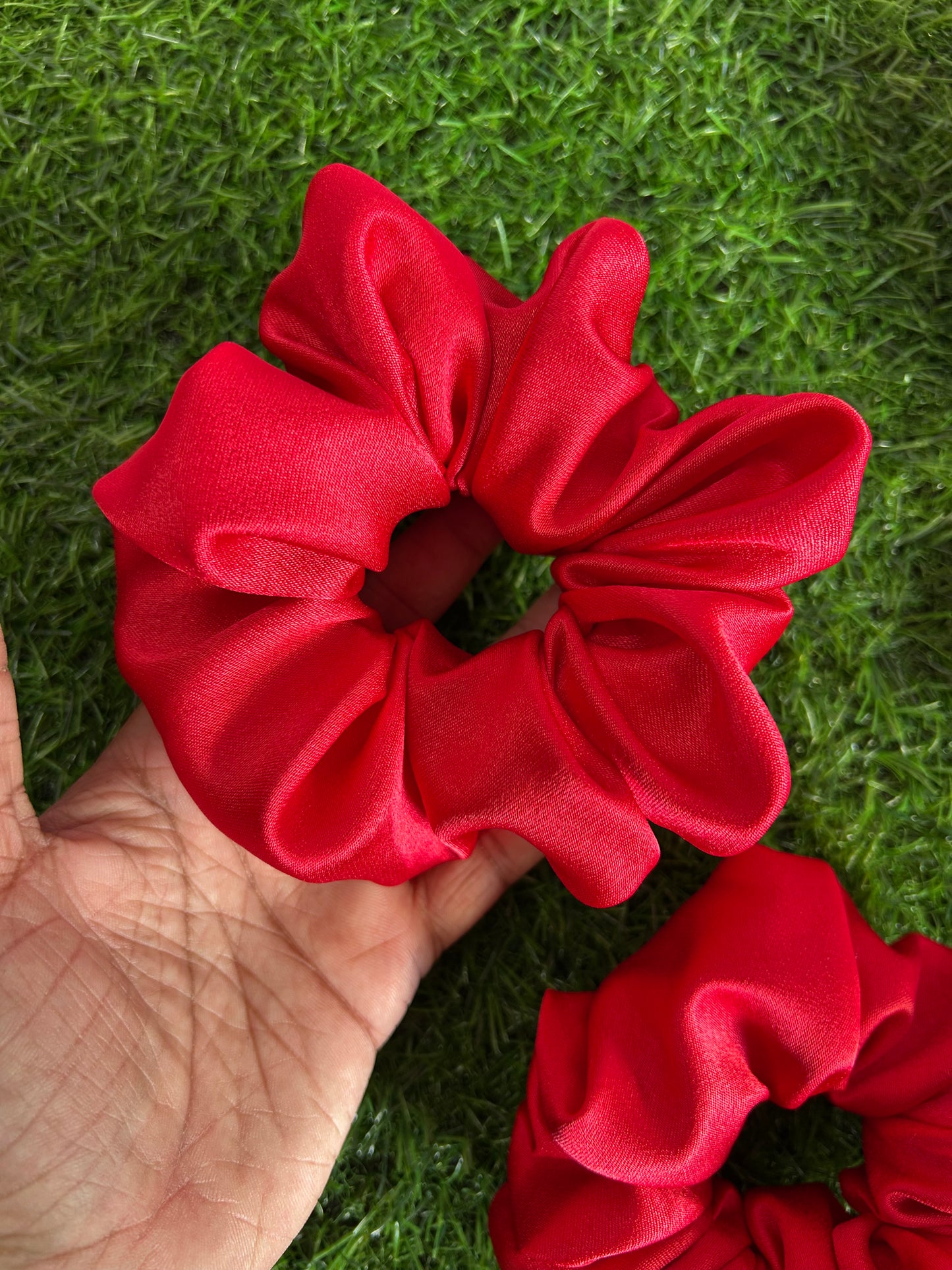 Handmade Premium Satin Scrunchies - Set of 4 (2 Red, 1 Lavender, 1 Pink) | Luxurious & Hair-Friendly