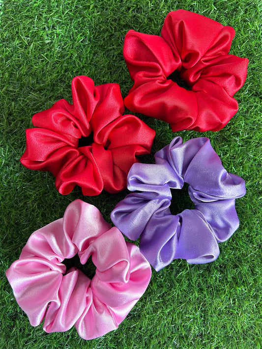 Handmade Premium Satin Scrunchies - Set of 4 (2 Red, 1 Lavender, 1 Pink) | Luxurious & Hair-Friendly