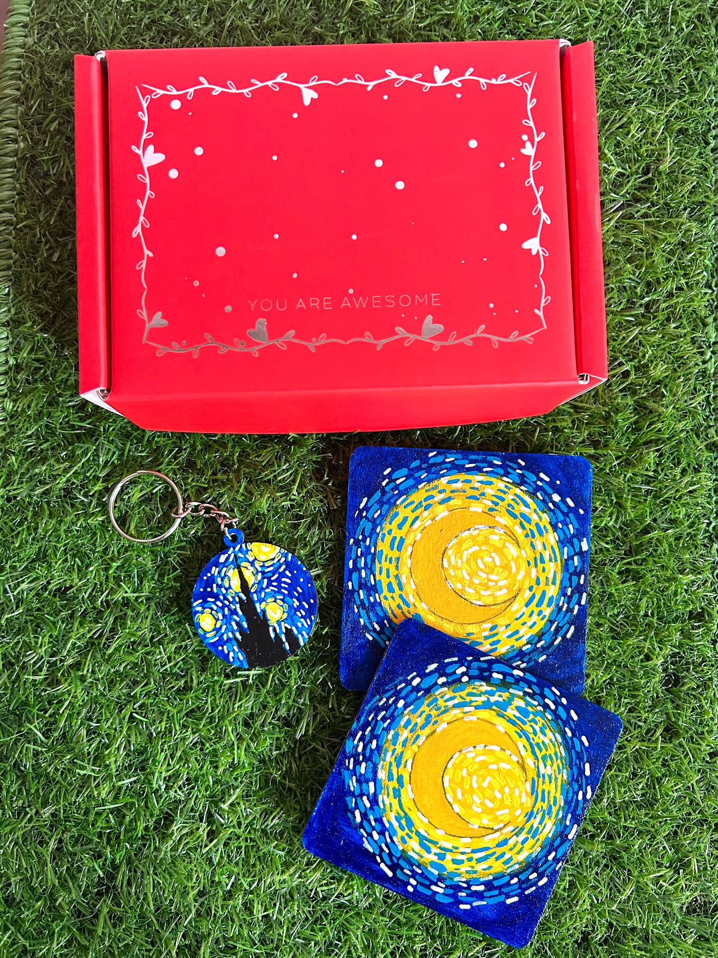 Van Gogh-Inspired Hand-Painted Coasters & Keychain Gift Combo Set