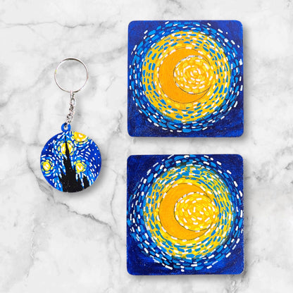 Van Gogh-Inspired Hand-Painted Coasters & Keychain Gift Combo Set