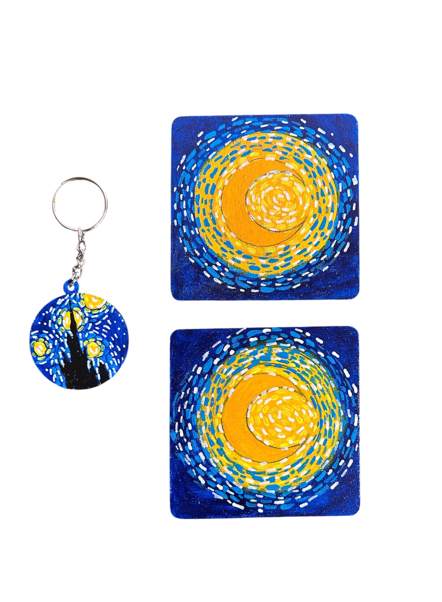 Van Gogh-Inspired Hand-Painted Coasters & Keychain Gift Combo Set